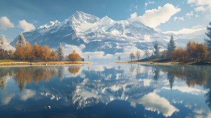 A view of a snow-capped mountain reflected in a crystal-clear lake