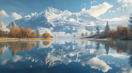 Peel and stick wall murals Reflection A view of a snow-capped mountain reflected in a crystal-clear lake