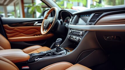 A high-end vehicle's interior showcasing brown leather upholstery, modern dashboard, and gear shift. Emphasizes luxury and comfort within an automotive context.
