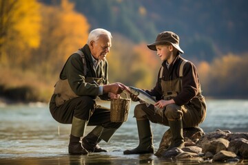 Senior man teaching his grandson how to fish at a peaceful river on a sunny and serene day