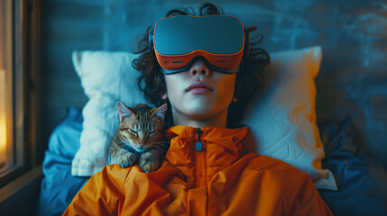 Virtual reality headset on boy with cat watching a gaming lifestream before going to sleep, VR glasses future casual daily life urban pets concept