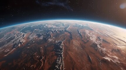 A view of the earth from space, showing the planet's curvature and the thin layer of atmosphere...