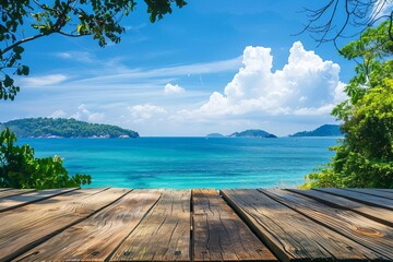 Tropical wooden table with a breathtaking view of the sea Island And blue sky. ideal for travel and relaxation themes