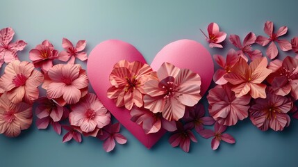  a pink heart surrounded by pink flowers on a blue background with a pink heart surrounded by pink flowers on the left side of the heart, and pink flowers on the right.