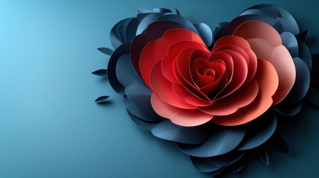  a heart - shaped paper flower on a blue background with a shadow of leaves on the left side of the image and a shadow of leaves on the right side of the left side of the heart.