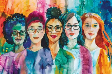 Watercolor portrait of a diverse group of women celebrating international women's day Rendered in a vibrant Expressive style to honor unity and empowerment