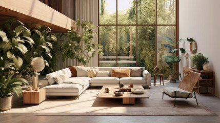 A modern living room with biophilic design that includes a comfortable seating area, natural light, and lots of plants