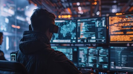 Back view of a man wearing a virtual reality headset, interacting with futuristic holographic data screens in a high-tech environment.