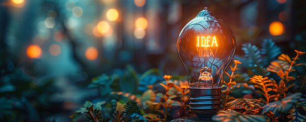 Glowing filament light bulb with IDEA inscription symbolizing creativity, innovation, and inspiration, set against a warm, bokeh-lit background with botanical elements - obrazy, fototapety, plakaty