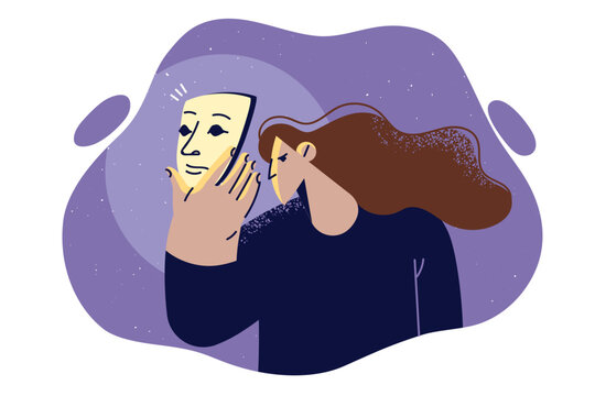 Woman puts on theatrical mask to hide true emotions and commit act of fraud against person