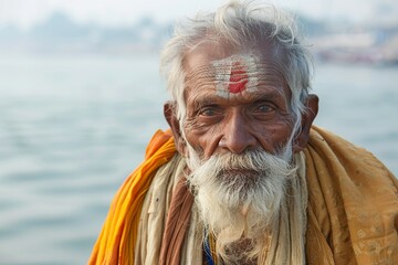 old Indian on a bank of the Ganges