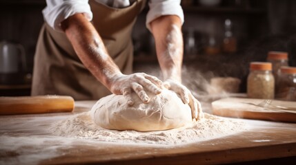 Baker professional passionately kneading dough on flour-dusted table. Pizza prepare dough hand topping. Man preparing bread dough on wooden table in a bakery - obrazy, fototapety, plakaty