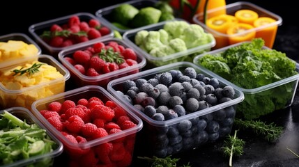 Various  products : vegetables, berries, fruits in a food container. Blueberry, kiwi, raspberry,...
