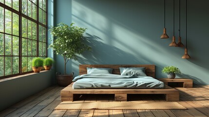  a bed sitting on top of a wooden floor in a bedroom next to a window with a potted plant on the side of the bed and a potted plant on the side of the bed.