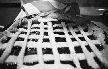 homemade Linzer torte in black and white
