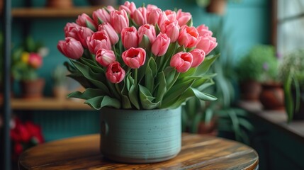  a bunch of pink tulips sitting in a vase on a table in a room with potted plants on the side of the wall and a blue wall in the background.