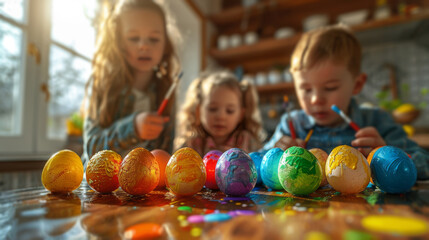 Fototapeta na wymiar A nostalgic image of children painting Easter eggs