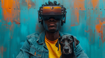 African-American man watching a movie in the metaverse with his black dog on his lap, futuristic day to day life concept