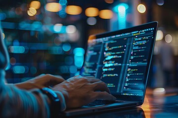 Focused programmer developing software and coding on a laptop. representation of tech expertise and the digital creation process