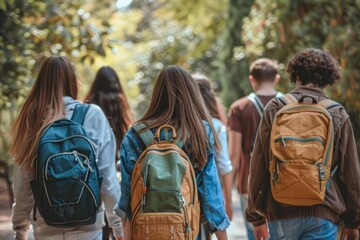 Group of students walking together towards school Embodying the spirit of friendship and education....