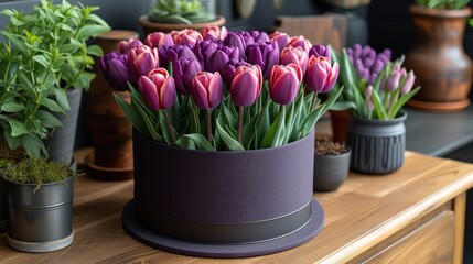  a bunch of purple tulips sitting in a purple flower pot on a table next to other potted plants and potted plants on top of a wooden table.