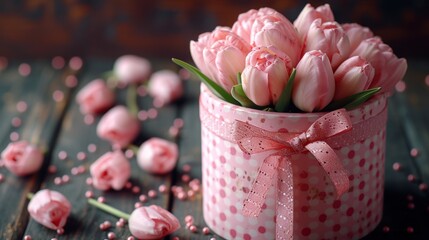  a bouquet of pink tulips in a pink polka dot vase with a pink bow on a wooden table with pink beads scattered around it and scattered on the floor.