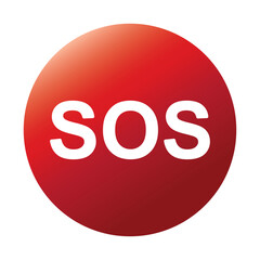 SOS red round push button icon sign isolated on white background. SOS symbol round sticker. Emergency help red icon, safety support alert, save concept. First aid alarm. Medical alert. 