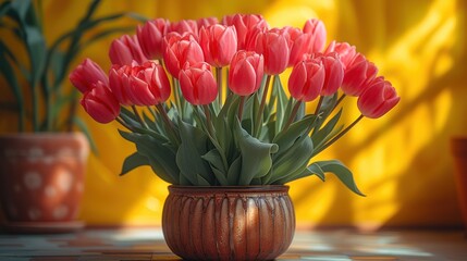  a vase full of red tulips sitting on a table next to a vase of green leaves and a vase of red tulips in front of yellow curtains.