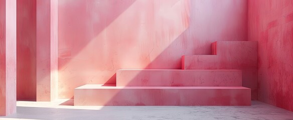 Minimalist abstract background with pink and white geometric shapes creating a sense of depth and dimension.