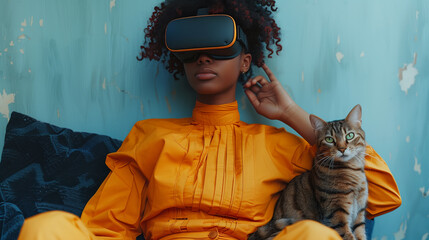 African-American woman watching a TV show in the metaverse with her VR headset and a tabby cat on her lap