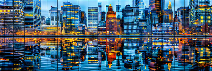 Dazzling Cityscape by Night: Reflections on the River with Skyscrapers, Symbolizing Urban Beauty and Architectural Grandeur - obrazy, fototapety, plakaty