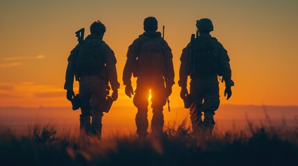  a group of soldiers walking through a field with the sun setting in the backgrouund of the image in the backgrouund of the image is a silhouette.