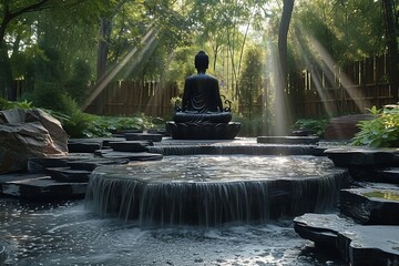 fountain in the japanese zen garden - obrazy, fototapety, plakaty