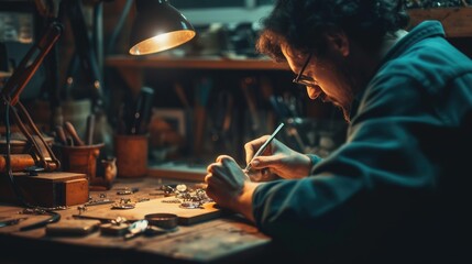 A woman is sitting at a desk in a workshop, building and working on a piece of equipment with fun and sharing in an art room. AIG41 - obrazy, fototapety, plakaty