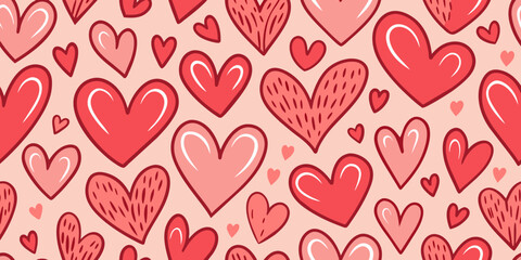 Pastel Red Color Hearts Doodles Background with