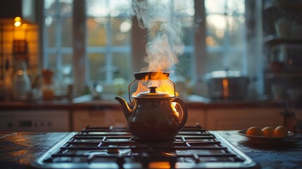 A nostalgic image of a vintage coffee pot brewing coffee over an open flame - obrazy, fototapety, plakaty
