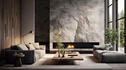 A modern living room featuring textural wall finishes in subtle shades of grey