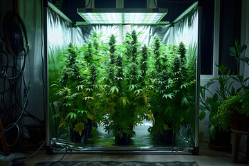 Cannabis flowers in a big grow room full of lights, blooming cannabis flowers with led lights, indoor marijuana plantation, farm growing