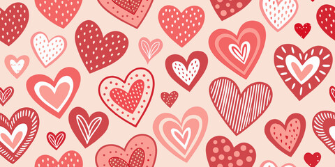 Pastel Red Color Hearts Doodles Background with