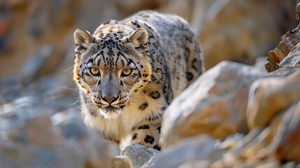 Obraz premium a snow leopard, its sleek fur blending seamlessly with the rocky Himalayan terrain