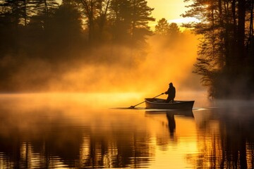 Tranquil fisherman navigating misty lake at dawn with fishing rod, capturing serene atmosphere