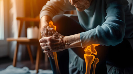 Elderly woman suffering from pain in knee. Tendon problems and Joint inflammation on dark background. - obrazy, fototapety, plakaty