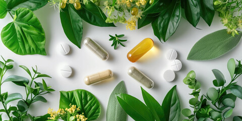 Various herbal supplements and capsules are neatly arranged amidst a refreshing assortment of green leaves and flowers on a white background. - obrazy, fototapety, plakaty