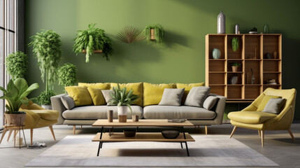 A modern living room with a green accent wall, light wood furniture, and plenty of plants to bring the outdoors in - obrazy, fototapety, plakaty