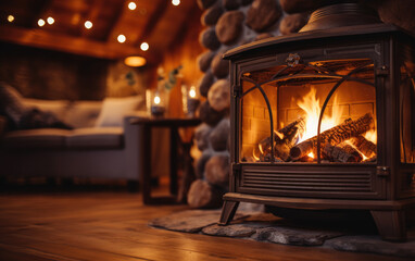 A cozy log cabin interior is warmly lit by the soft glow of a crackling fire in a wood-burning stove, with a serene ambiance.