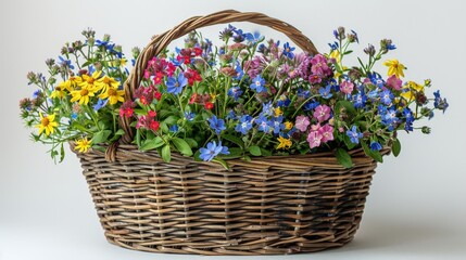 Fototapeta na wymiar brown rattan basket with sturdy handles, overflowing with wildflowers in shades of blue, yellow, and red