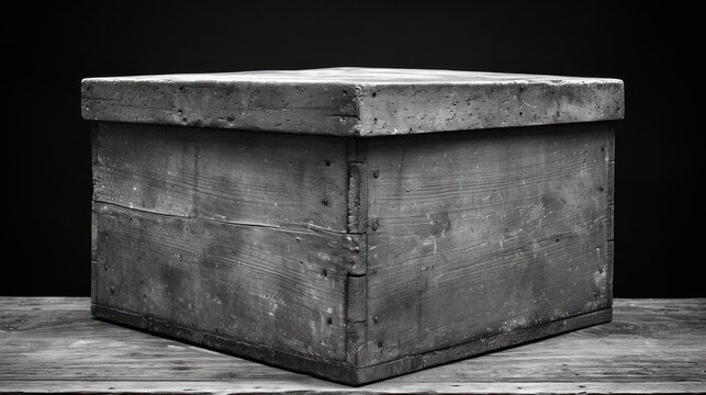 a black and white photo of a wooden box on a wooden table with a black and white photo of a wooden box on the side of the box and a black background.