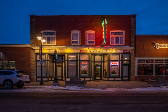 Fort MacLeod, Alberta - February 18, 2024: Silver Grill Restaurant in downtown Fort MacLeod.
