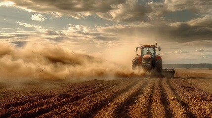 Fototapeta premium Tractor Plowing Field with Dynamic Soil Dust Cloud.
