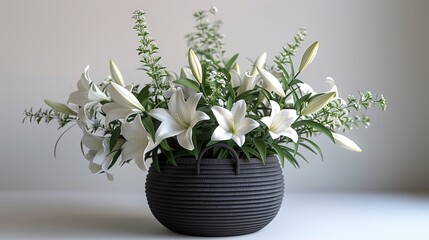 Elegant White Lilies in a Modern Metal Basket.